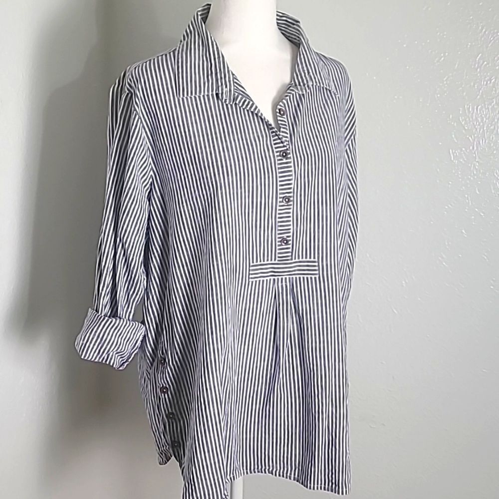 American Sweetheart Blue & White Pinstripe Blouse, Button-tab Sleeves, Sz XX